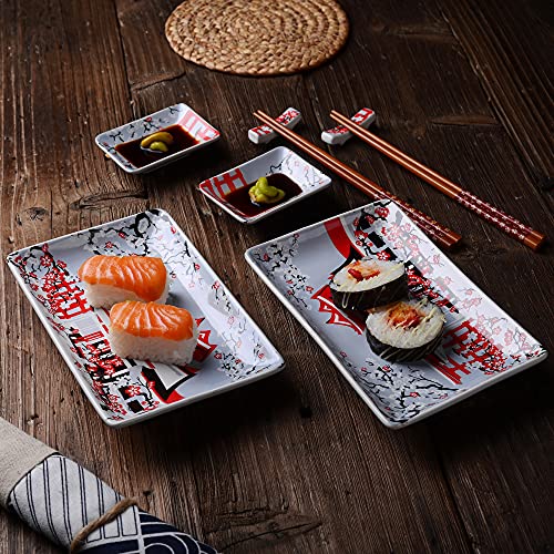 Wssbk Japanese Style Porcelain Sushi Plate Set With 2Xsushi Plates,Dip Dishes,Stick Stand,Bamboo Chopsticks Gift Box Set #TOP2