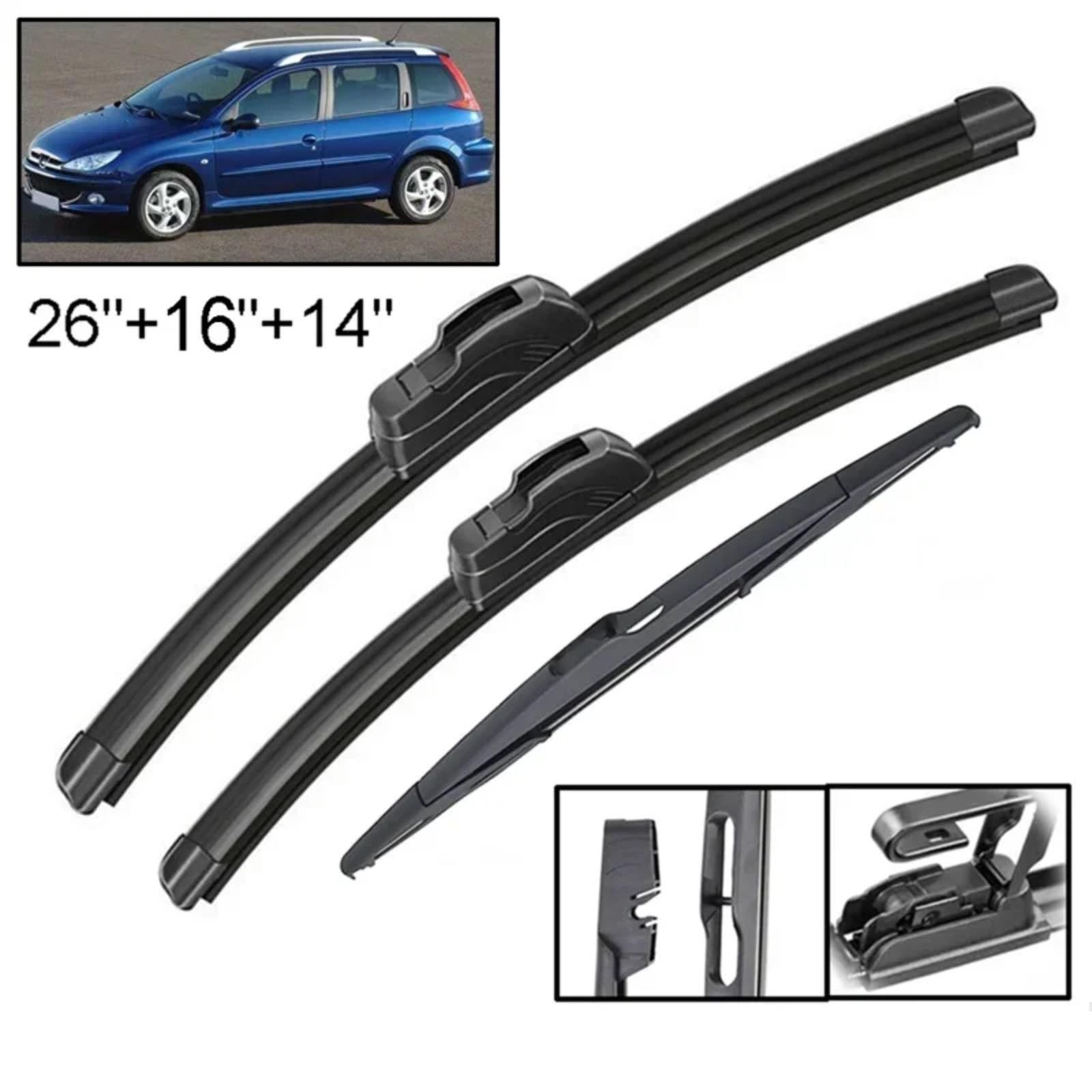 Kit Tergicristallo Auto Per Peugeot 206 SW Estate 2000-2007 Pioggia Tergicristallo | Set di spazzole tergicristallo anteriori e posteriori per autoveicoli 3 pezzi 26" 16" 14"