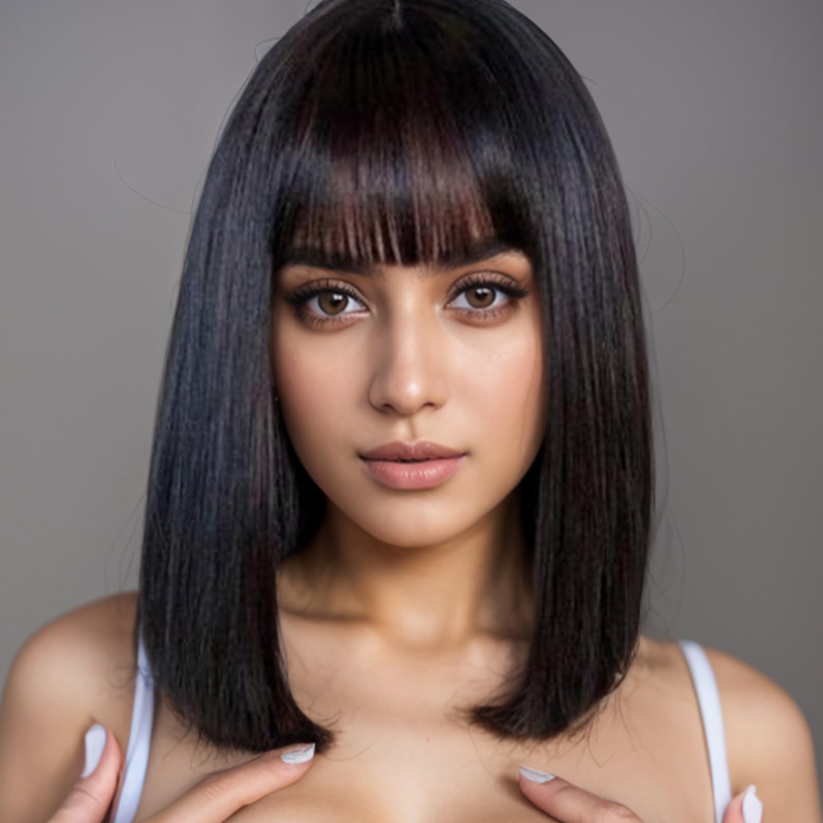 BUYOGET Natural Black Bob Wigs with Flat Bangs 13 Inch Striaght Shoulder Wigs for Women Cosplay Costume Party Wig