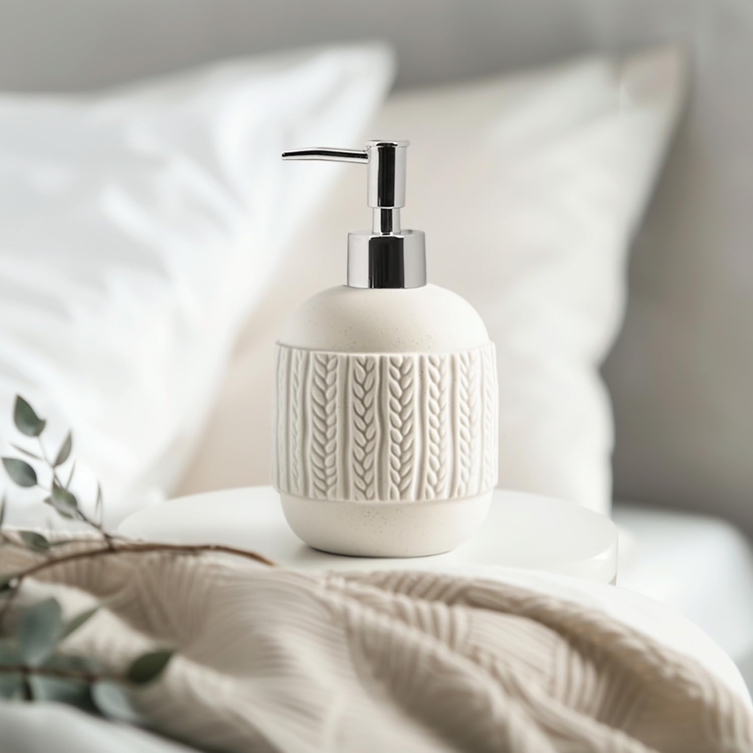 SOCOSY Dozownik mydła z białej porcelany, dozownik mydła do rąk z pompką, wielokrotnego napełniania butelka na mydło do rąk do kuchni łazienki - wzór dzianinowy