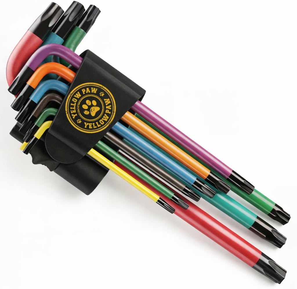 Yellow Paw Torx Wrench Set (9 Pack of Security Tamper Proof Keys) Color Coded in the Following Sizes - T10, T15, T20, T25, T27, T30, T40, T45, and T50