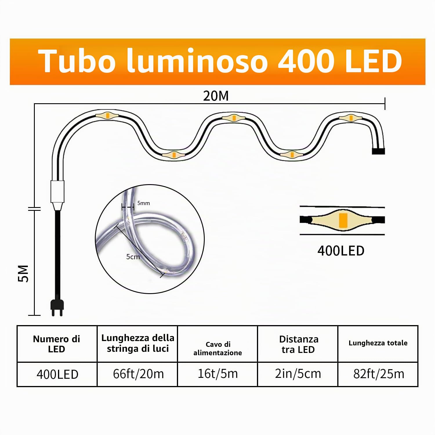 Gresonic Tubo luminoso con 400 LED, 20 m, per esterni, con corrente, 8 modalità (blu colorato, 400 LED)