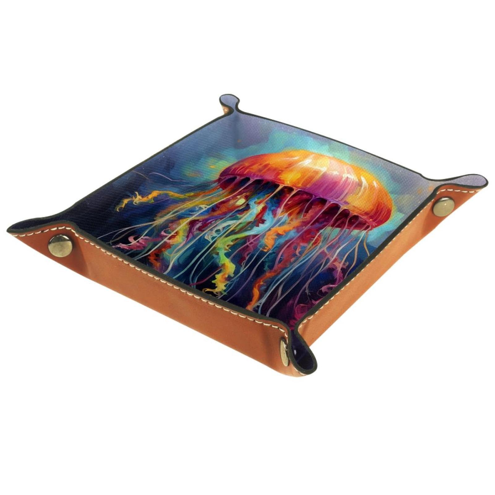 Jellyfish Art Oil Painting Folding Rolling PU Leather Valet Catchall Organizer, Brown, 20.5x20.5cm, snh-001