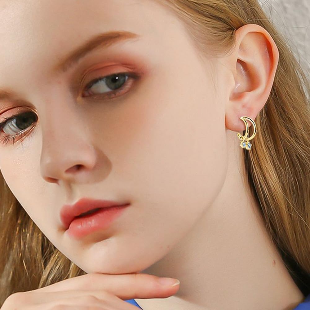 Sterling Silver Crescent Moon 2 Diamond Stud Earrings for Women, D-color VVSI Diamond Studs for Women, Ideal Gift for Friends or Loved Ones - Image 3