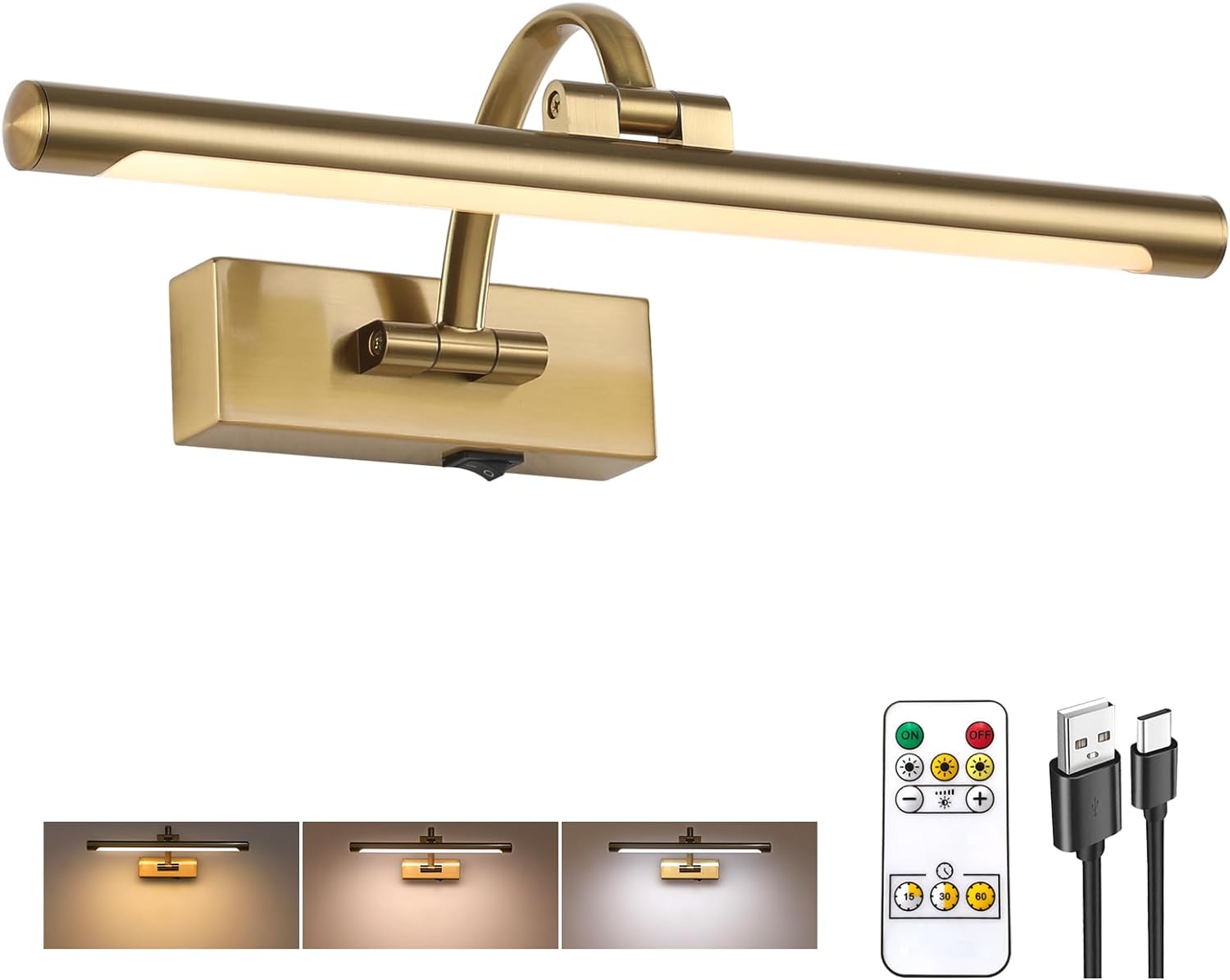 Wireless Picture Lights for Wall Rechargeable, Battery Operated Art Light for Paintings, 3CCT Dimmable, 15.7" Brass Finish with Remote, Rotatable Gallery Light for Pictures Display 15.7inch Brass