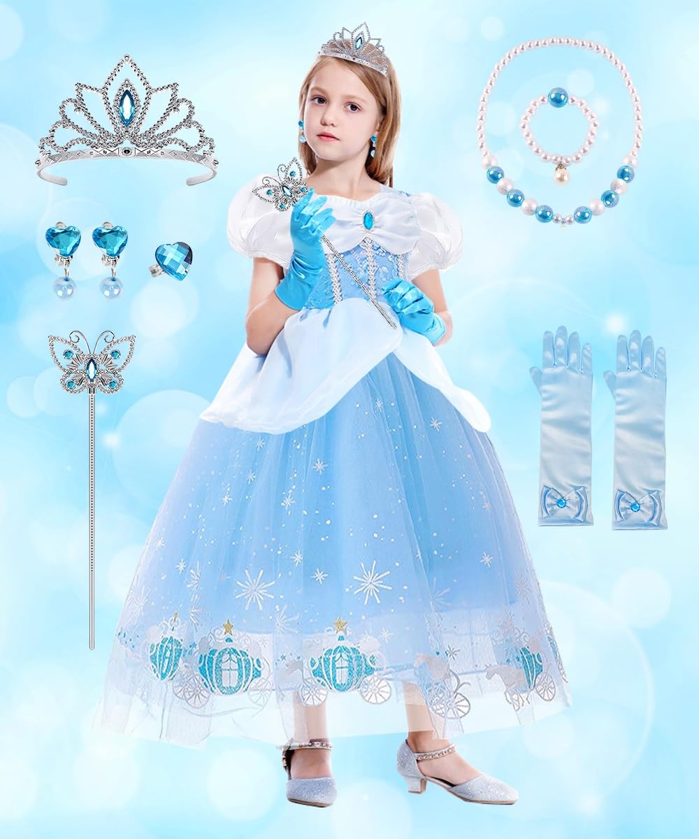 Vestito Cenerentola Bambina, Cenerentola Vestito Principessa con Set Corona Principessa, Cenerentola Costume Carnevale per Regalo Bambina, Vestito Cenerentola per Compleanno Cosplay