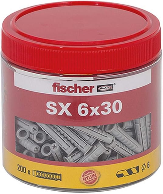 fischer Kołek rozporowy SX 6 x 30, poręczny okrągły pojemnik z 200 nylonowymi kołkami, kołki do optymalnego mocowania w betonie, cegle dziurkowanej, betonie porowatym, cegle pełnej i wielu innych.