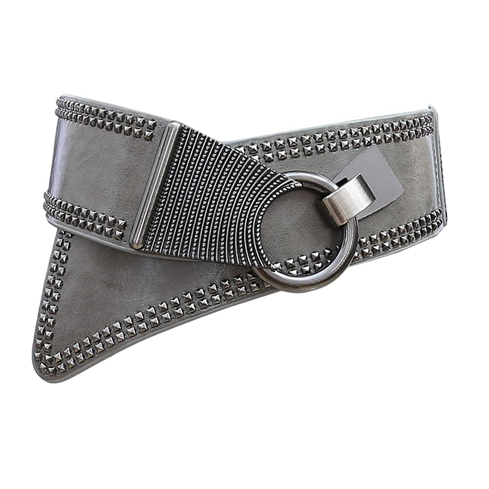 Junhouse Women's Fashion Vintage Wide Waist Belt Studded Belt Punk Rivet Leather Belt Cincher Waistband With Interlock Buckle for Dresses (Grey)