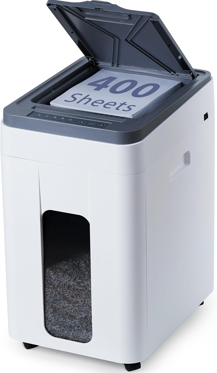 Trituradora de papel de alta resistencia: trituración de tarjetas de crédito con microcorte P5 y alimentación automática de 400 hojas con diseño a prueba de atascos para oficina en casa, escuela de negocios