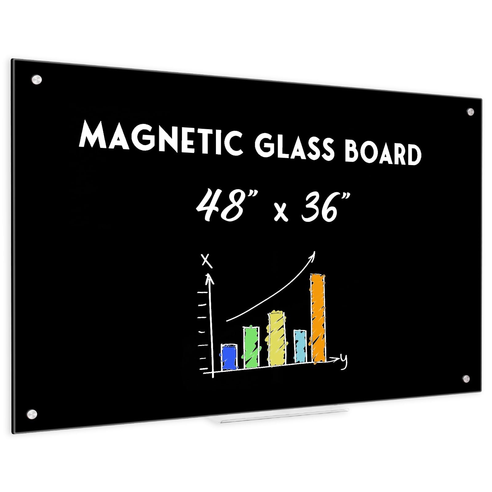 Black Dry Erase Board, 4' x 3' Magnetic Glass Whiteboard for Wall,48" x 36" Large Black Glass Magnetic Board with 1 Marker Tray and 3 Magnets for Office, Home, Classroom