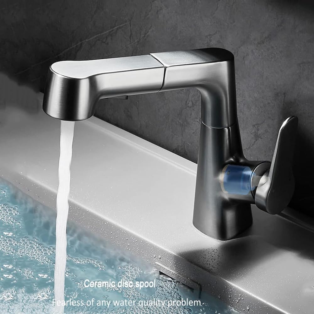 Rubinetto Miscelatore monocomando per lavabo da Bagno con Sistema di Sollevamento e trazione a 360° in Ottone - Bianco (Grigio Canna di Fucile)