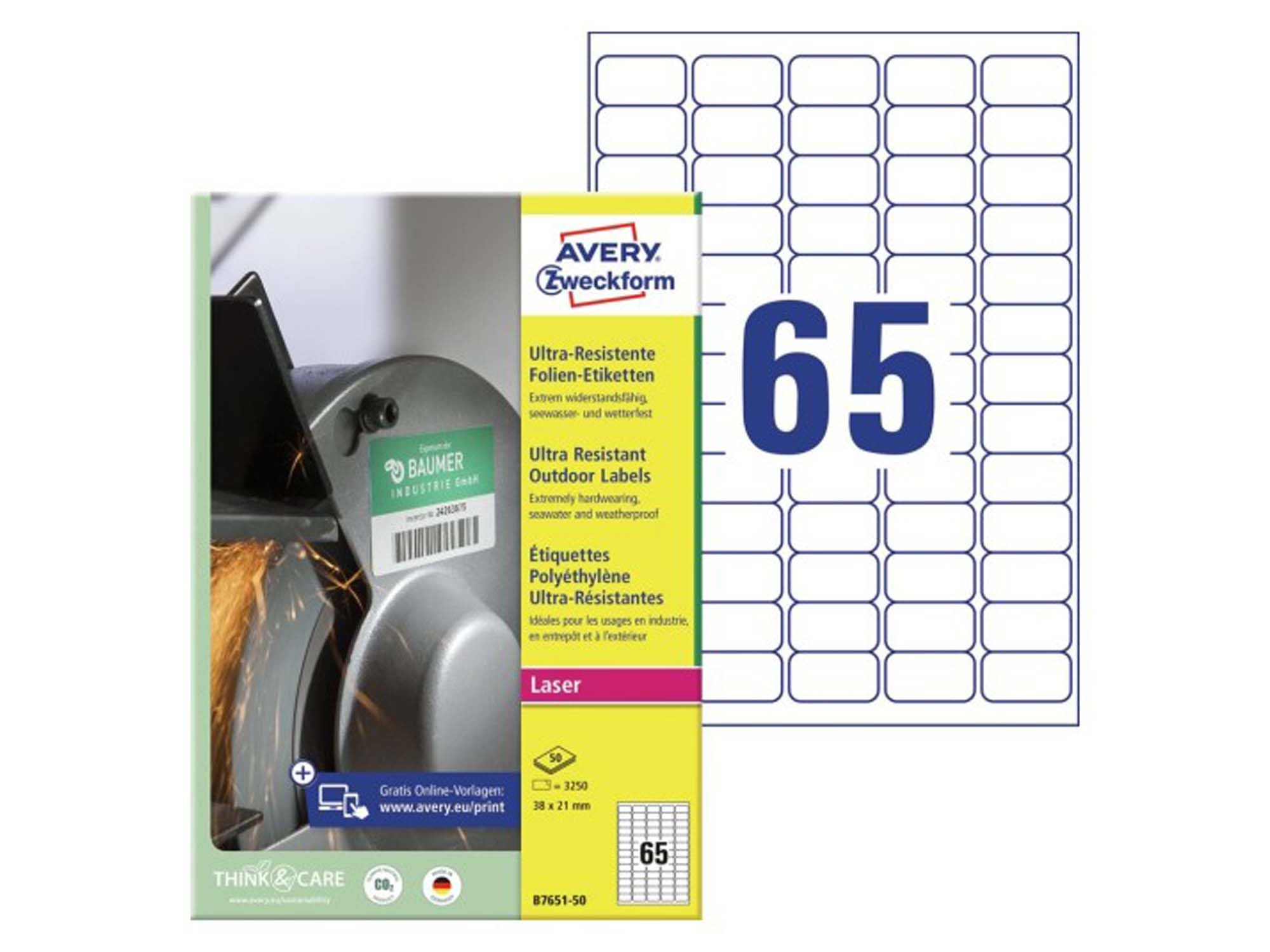 AVERY Zweckform B7651-50 wytrzymałe etykiety foliowe (3250 naklejek, 38 x 21 mm na A4, bardzo mocno samoprzylepne, do trudnych powierzchni, do zadrukowania folia samoprzylepna) 50 arkuszy, białe