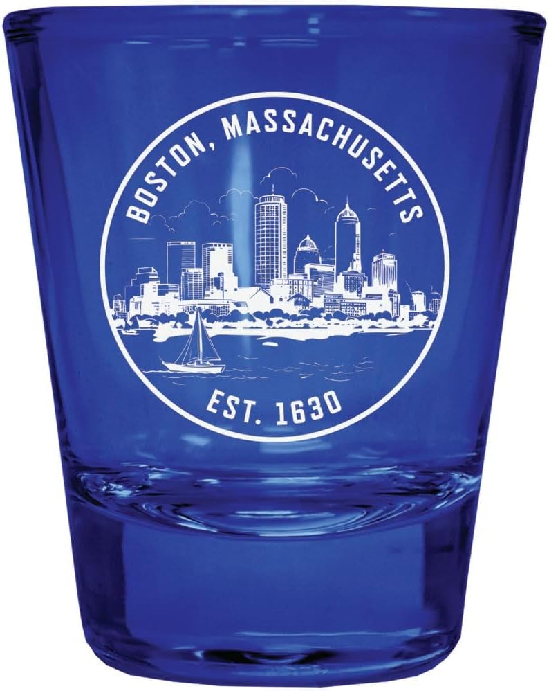 Vaso Tequilero Grabado Boston Massachusetts Souvenir 2 oz Azul Pack de 4