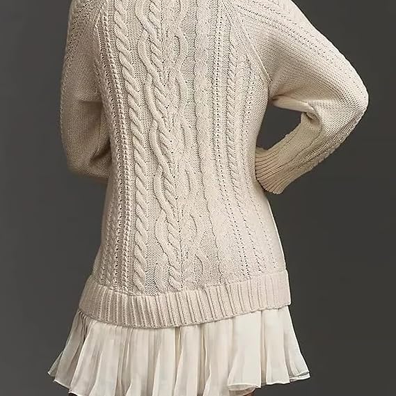 Cable Knit Sweater Dress Women, Sweater Dress with Pleated Skirt, Women Crewneck Cable Knit Sweater Mini Dress4