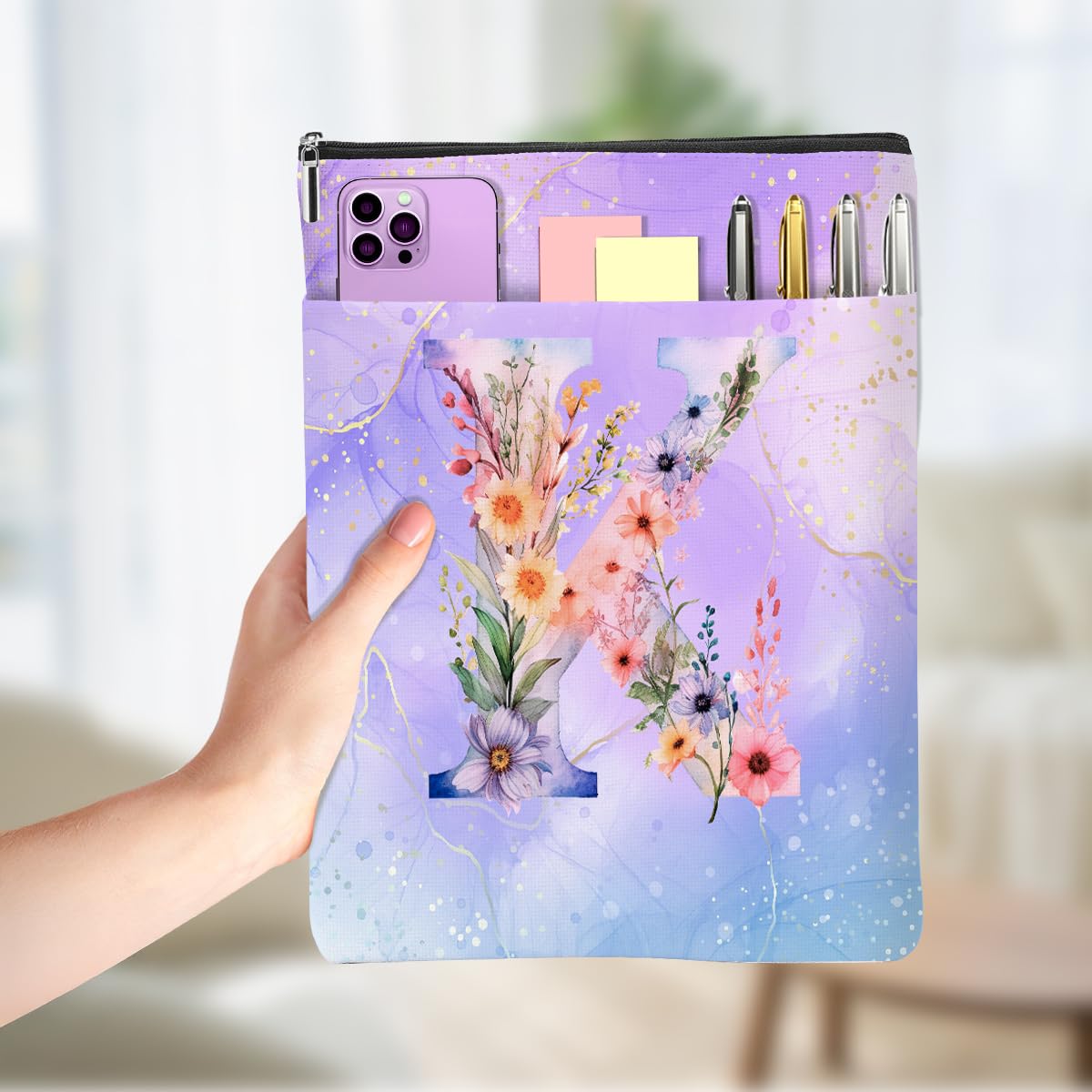 Aesthetic Flower Initial K Monogrammed Personalized Gifts for Women Bookish Gifts Book Sleeve Book Pouch Protector Cover for Paperbacks Reading