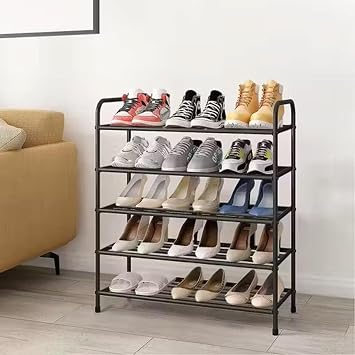 Shoe Rack 4 & 5 Tier Black | Heavy Duty Steel Frame Shoe Storage Stand | Modern Space-Saving Shoe Shelf for Hallway, Bedroom & Wardrobe | 12-16 Pairs of Shoes 5 Tier