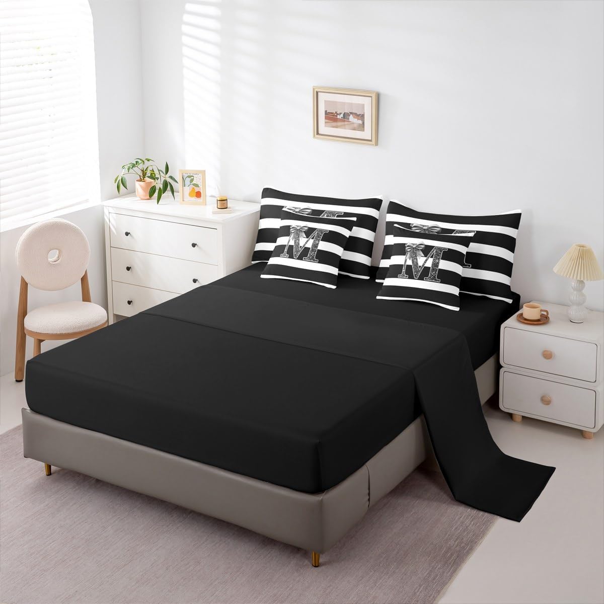 Erosebridal Black Bow Sheet Set with Comforter Queen Initial Letter M Girls 7 Piece Bedding Set Glitter Bowknot Comforter Sets Personalized Monogram Stripes Bed in A Bag for Kids Teens Adult Bedroom