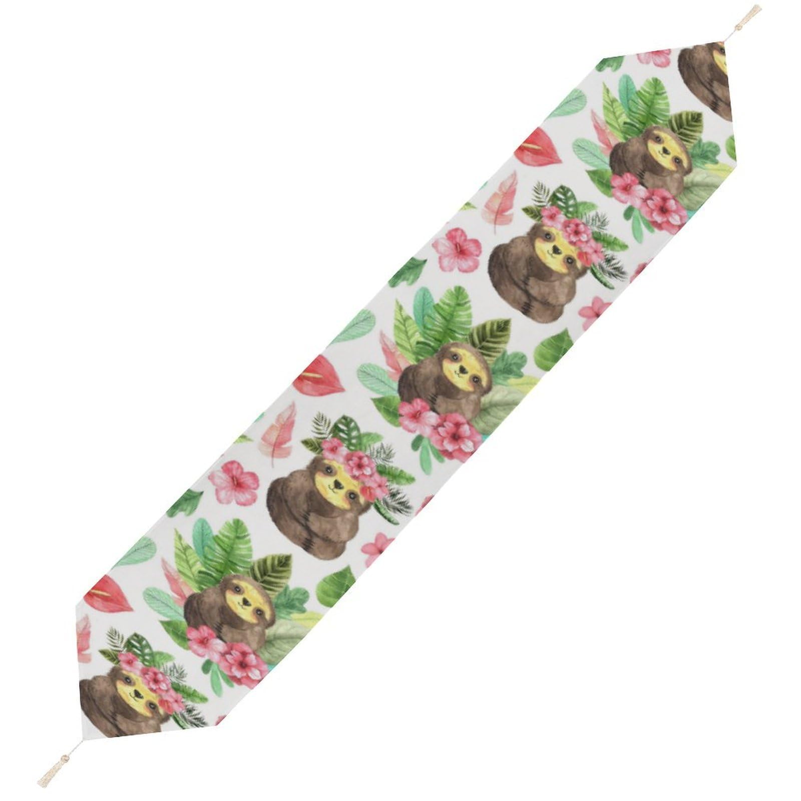 JZemdybill 229*33cm Table Runner with Tassel, Pink Floral Sloth Table Runner, Table Decoration for Kitchen, Party, Restaurant