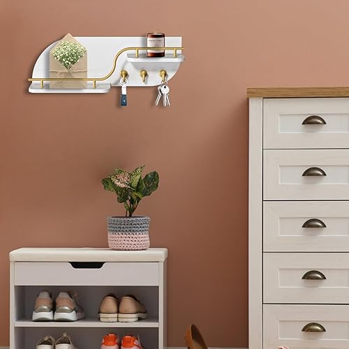 Miniatura 3 de Karisky Soporte para llaves de pared, moderno soporte decorativo para llaves y correo con 2 estantes flotantes, organizador de llaves montado en la