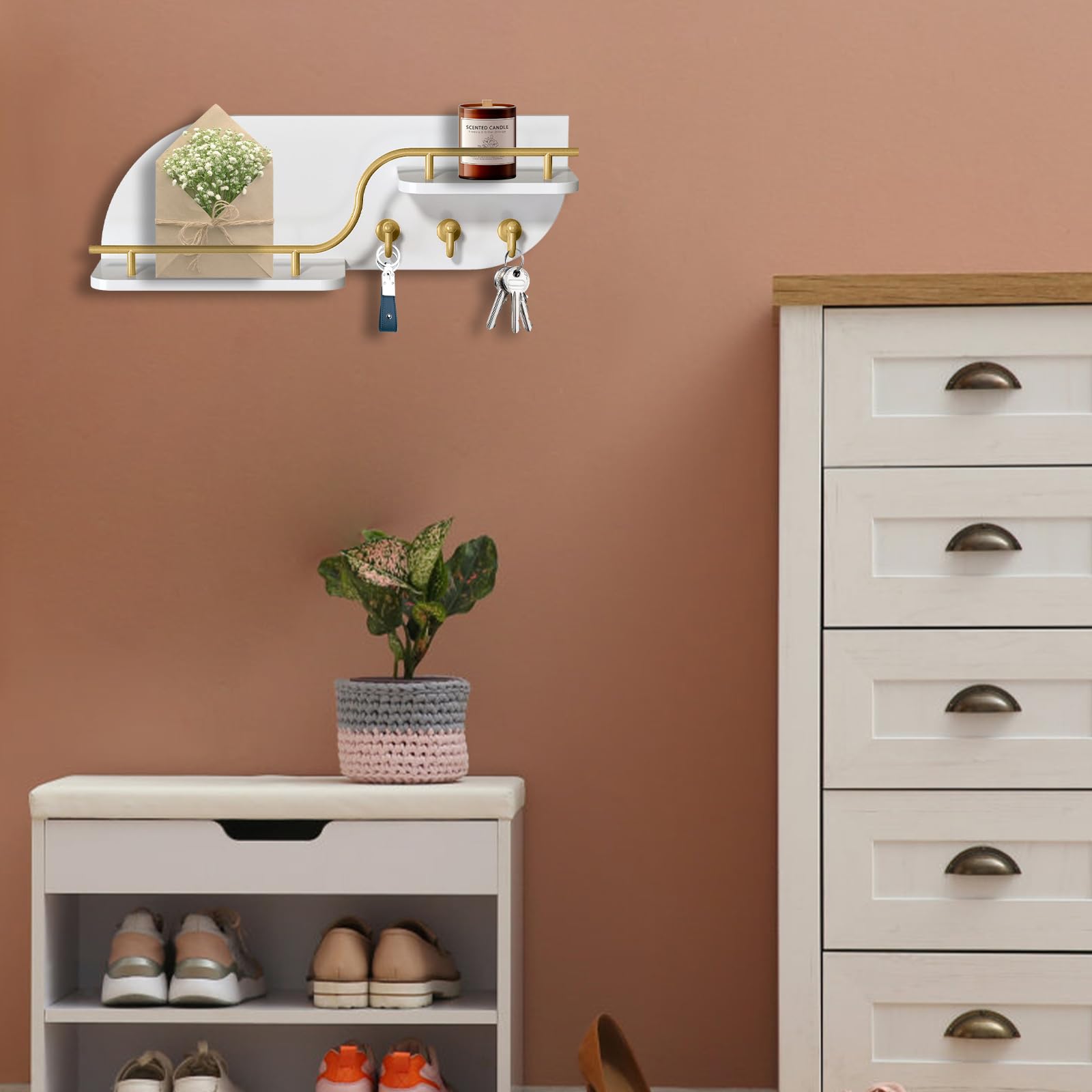 Portachiavi da parete, organizer decorativo per chiavi e posta, con 3 ganci in metallo e 2 ripiani, in legno, da parete, per ingresso, bianco