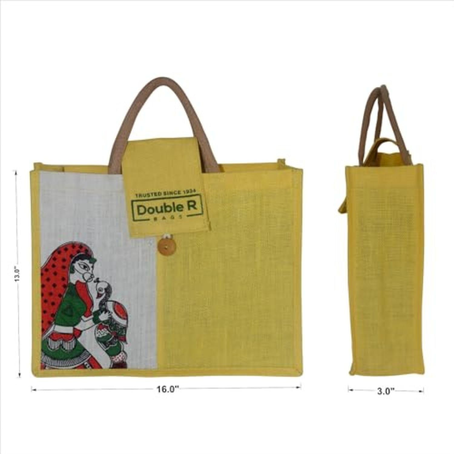 DOUBLE R BAGS Canvas & Jute Multipurpose Tote Bag for Women – Eco-Friendly Handbag for Office, Travel, Shopping & College – Jaipuri Print (Yellow) 1