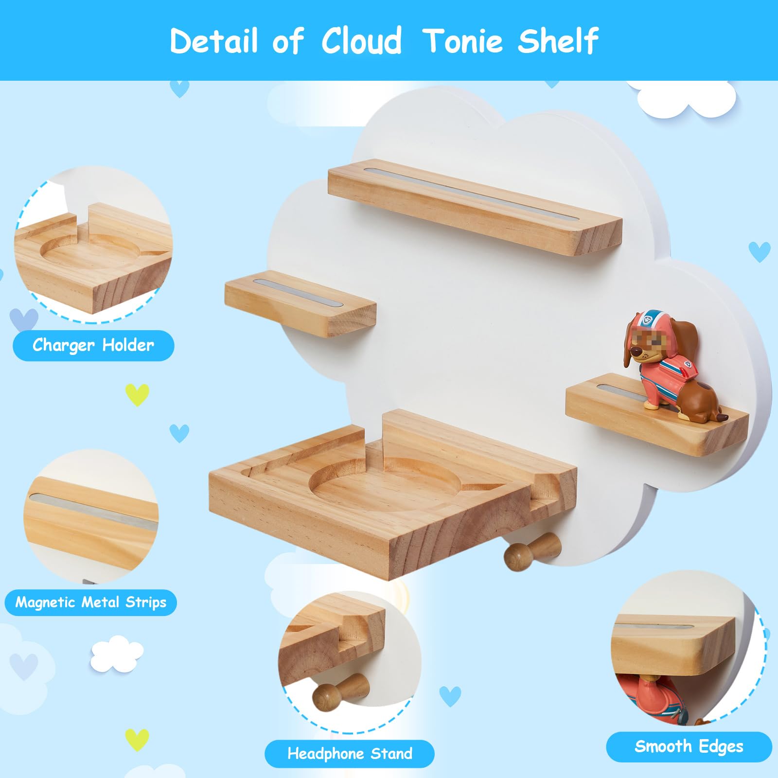 Gieanoo Cloud Tonies Regal,für TonieBox 2/1 Toniebox Regal für 12-15 Tonie Figuren Zeichen Tonie Regals Wolke kompatible Ladestation für Kinderzimmer,Babyzimmer (Weiß)