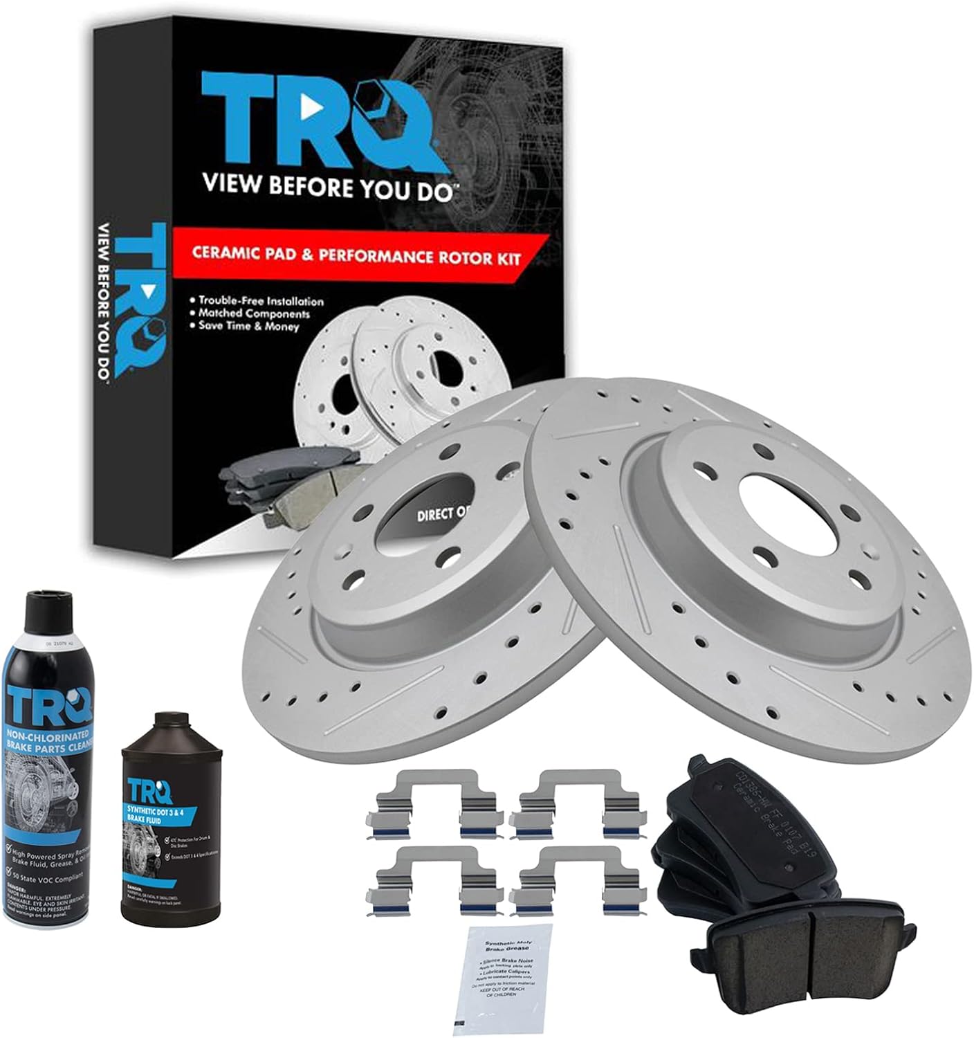TRQ Rear Brake Pad & Rotor Kit Ceramic Performance Premium G-Coated Slotted X Drilled Compatible with 09-16 A4 A4 Quattro 10-14 A5 08-17 A5 Quattro 13-16 allroad 09-17 Q5 12 S5
