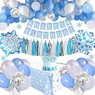 Princess Frozen Birthday Party Balloon Set, Frozen Birthday Decorations with Snowflake Birthday Banner, Tassels, Tablecloth, Blue White Snowflake Confetti Balloon for Girls Birthday Baby Shower Party