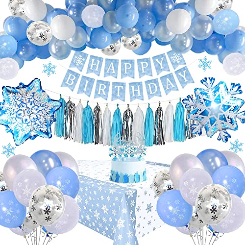Princess Frozen Birthday Party Balloon Set, Frozen Birthday Decorations with Snowflake Birthday Banner, Tassels, Tablecloth, Blue White Snowflake Confetti Balloon for Girls Birthday Baby Shower Party