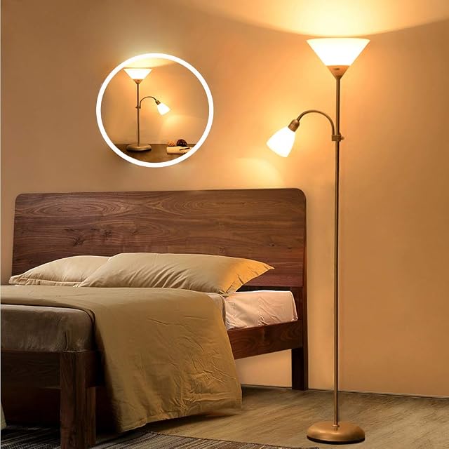 Modern Grey 2 Head Mother and Child Reading Floor Lamp, Standing Floor Lamp with 360°Rotate Side lamp, LED Floor Light for Living Rooms, Bedrooms, Office(Bulb Not Including)