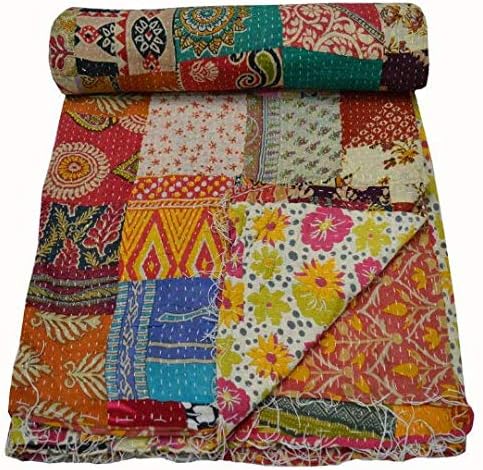 Indian Vintage patchwork Kantha Quilt Handmade Throw Reversible Blanket Bedspread Cotton Fabric BOHEMIAN quilt (85x55 inch)