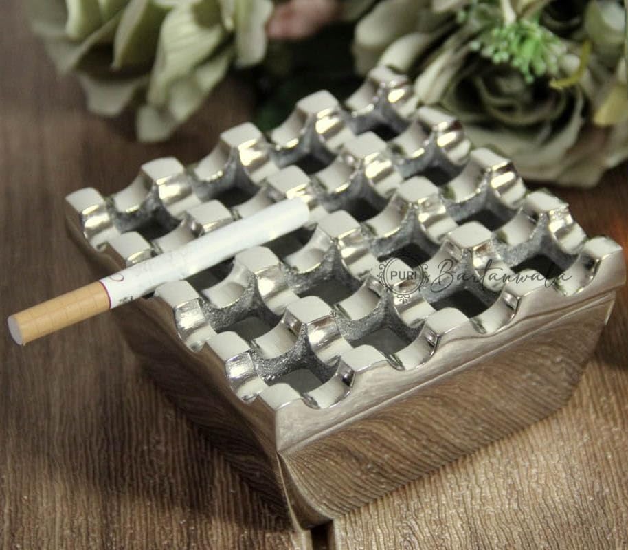 PURI - Aluminium Cigar/Cigarette Ashtray,16 GRIDS/HOLES, Windproof Tabletop,NICKEL GLOSSY Finish - HAND CRAFTED IN INDIA-image-30