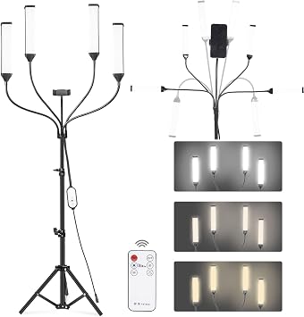 LED Video Light Kit with Four-arms, Studio Light for Video Recording Photography Lighting Kit, Dimmable LED Floor Light for Lash Techs, Estheticians & Tattoo Artists with Tripod Stand&Phone Holder