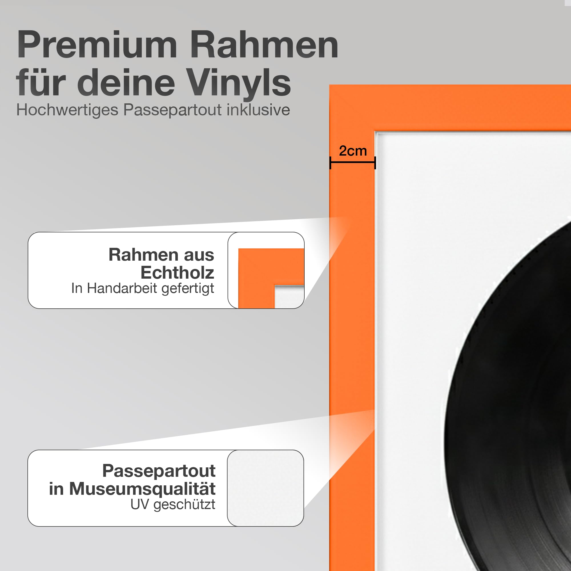 Cornice vinile da parete Arancione 40x40cm Set 2pz Passepartout Bianco - Made in Germany - Quadro per vinile da parete in legno - Vinyl Display Frames - Cornici per vinili 35x35