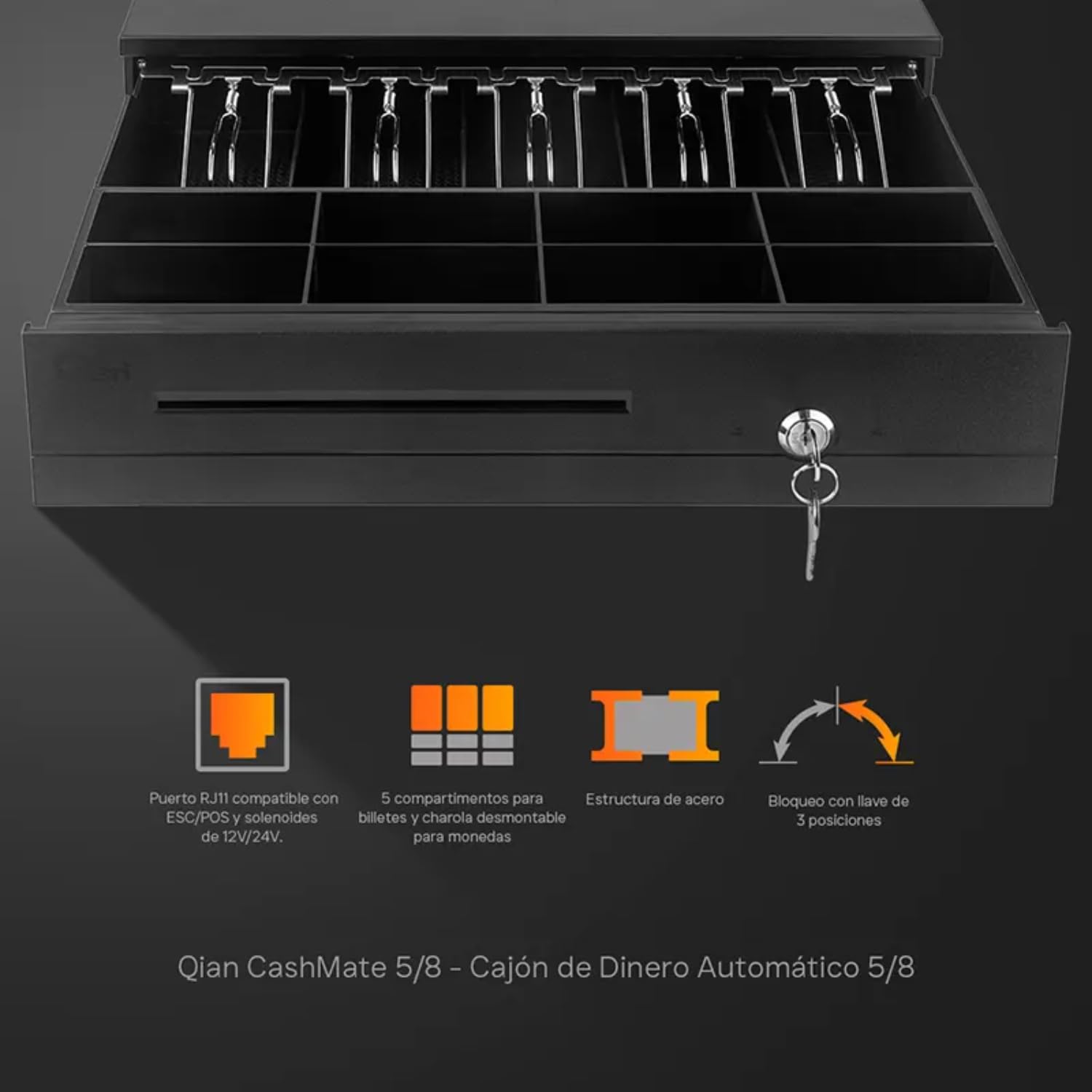 Cajón de Dinero Profesional de Acero, 5 Compartimentos para Billetes, 8 para Monedas, Cerradura de Seguridad, 12V/24V, Charola Removible, QOC-HON12-01