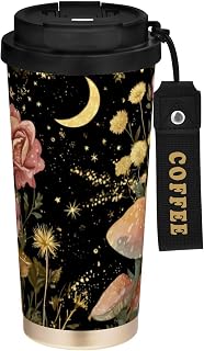OTVEE 17 oz Coffee Cups Tavel Tumblers with Lids Whimsical Mushroom Celestial Art Insulated Stainless Steel Tumbler Coffee Mug Powder Coated Tumbler Cup for Hot and Cold Drinks Black