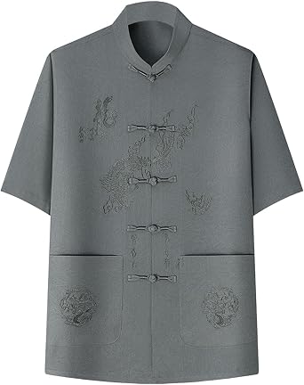 Cambkatl Mens Short Sleeve Mandarin Collar Kung Fu Shirts Chinese Traditional Embroidered Tai Chi Frog-Button Shirt