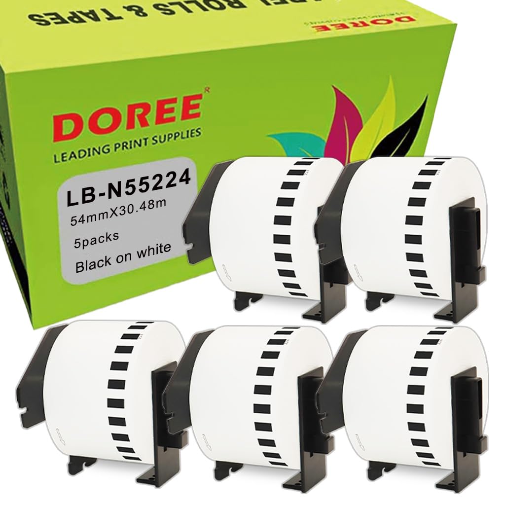 Doree 5 Rollen DKN55224 54mm x 30,48m Endlosetiketten Brother QL kompatibel | 54 mm x 30,48m Endlosetiketten Kompatibel mit Brother N55224 schwarz auf weis Brother QL-Serie