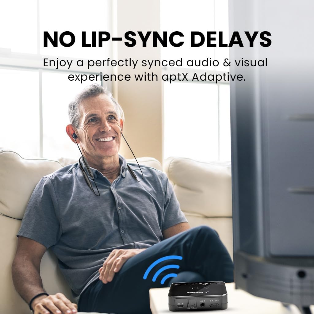 Man watching TV with Avantree HT4186-Q earbuds, showing no lip-sync delays