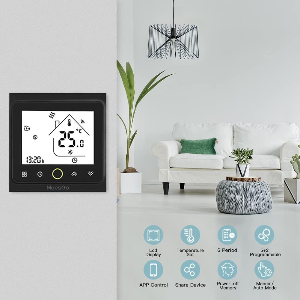 MoesGo Smart Thermostat installed in a modern living room, highlighting features like LCD display, temperature setting, programming, app control, device sharing, power-off memory, and manual/auto mode.