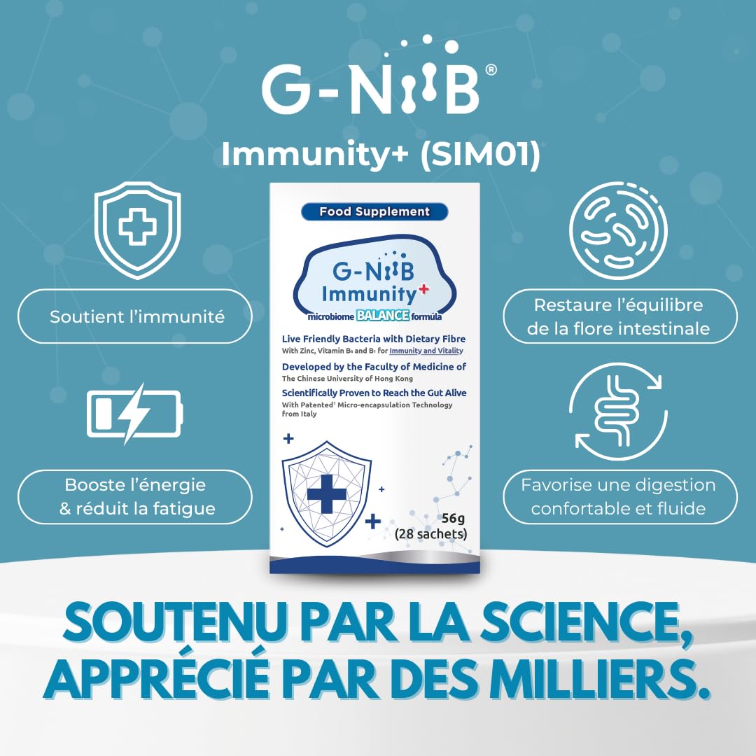 G-NiiB Immunity+ (SIM01) – Probiotiques avec Prébiotiques, Zinc et Vitamines B – Développé par une Faculté de Médecine – Souches Probiotiques Cliniquement Étudiées – Soutient Immunité, Énergie