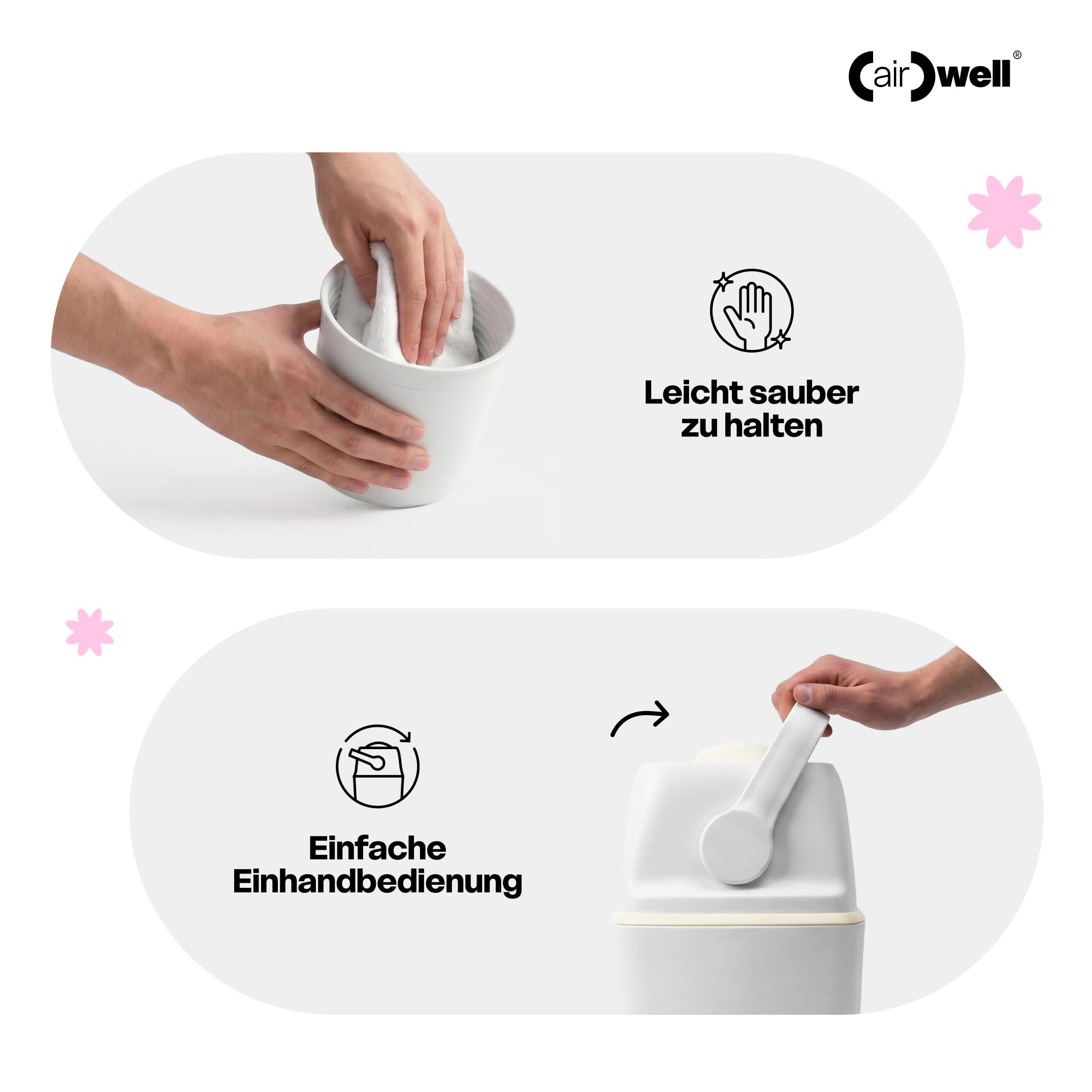 (air)well bin Windeleimer Geruchsdicht – Windelmülleimer mit Geruchsstopp-System, Einhändige Bedienung, Kapazität bis zu 22 Windeln, Hygienischer Wickeleimer für Badezimmer & Babyzimmer (Grey)
