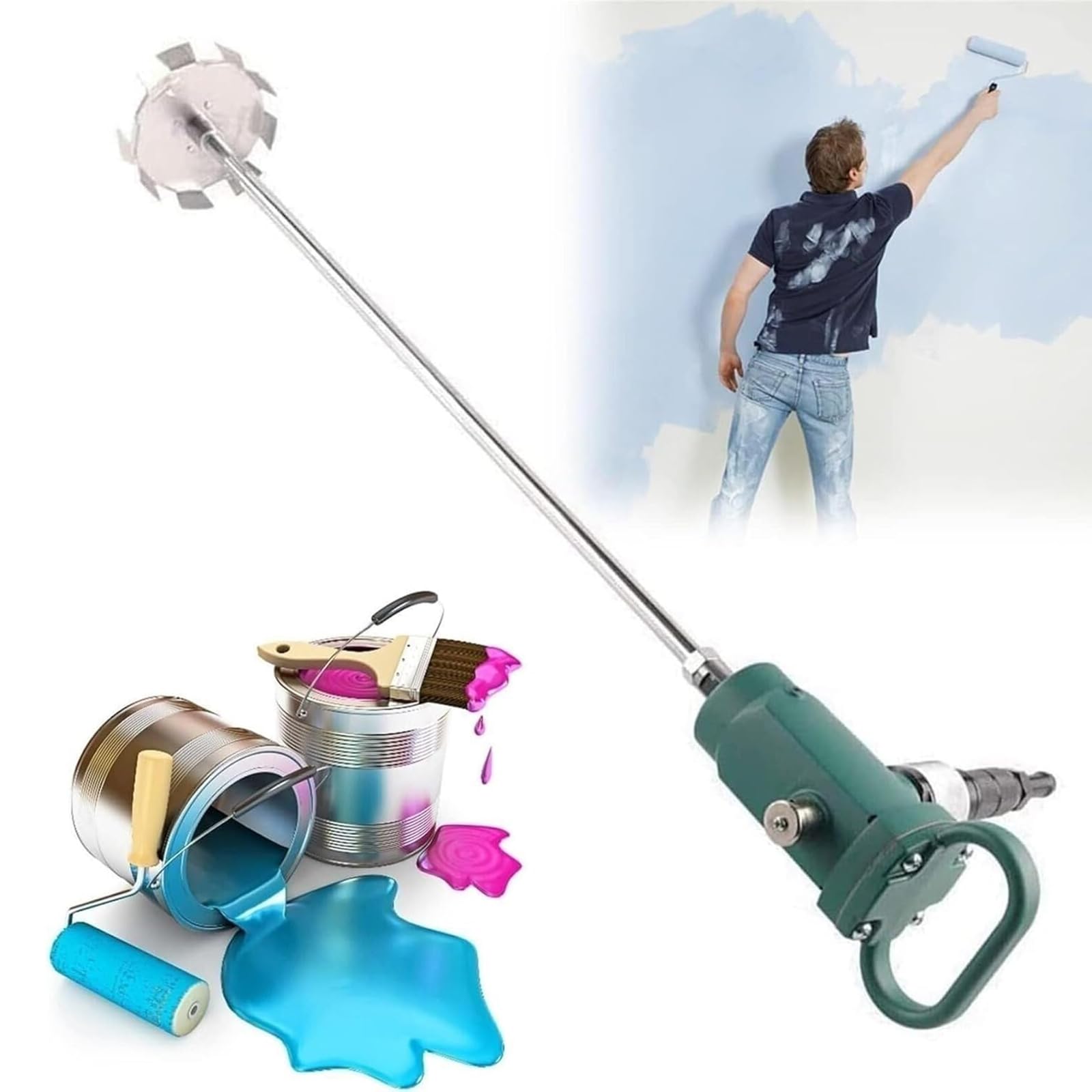 Mezclador de pintura neumático portátil, máquina mezcladora de mano con control de velocidad ajustable, diámetro de impulsor de 11 cm, palo de 60 cm para una mezcla eficiente