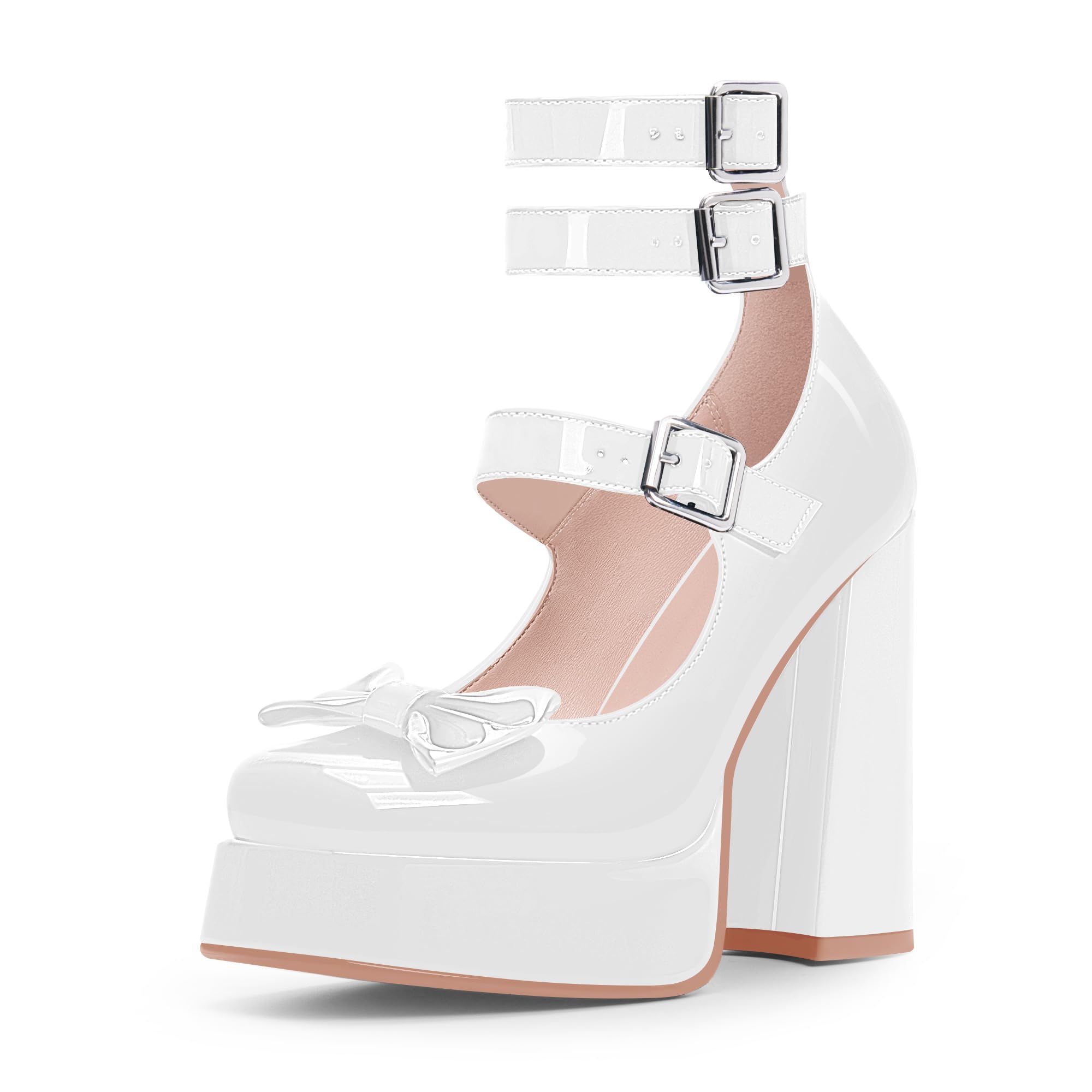 yowmns Women's Sweet Bow Platform Mary Jane Pumps Ankle Strap Closed Toe Patent Leather Block High Heels Goth Shoes