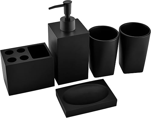 Juego de accesorios de baño de 5 piezas en negro mate, juego de accesorios decorativos de baño de diseño moderno, incluye un dispensador de jabón,