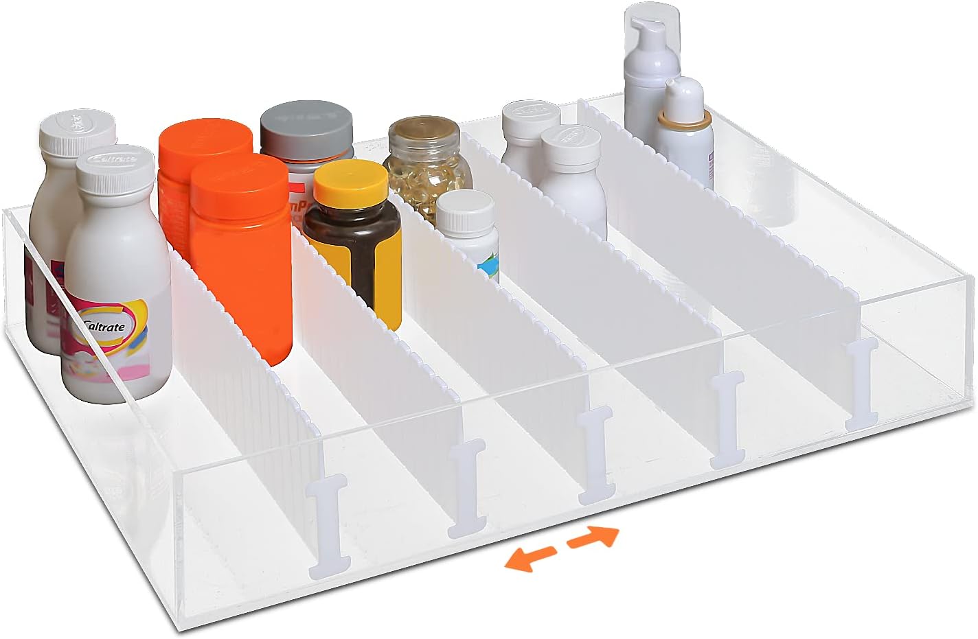 Adjustable Acrylic Medicine Organizers and Storage, 6 Divided Sections Large Medicine Bottle Organizer, Holds Medicine, Vitamins, Supplements for Bedroom, Bathroom, Kitchen Countertop, 16.5" x 11.6"