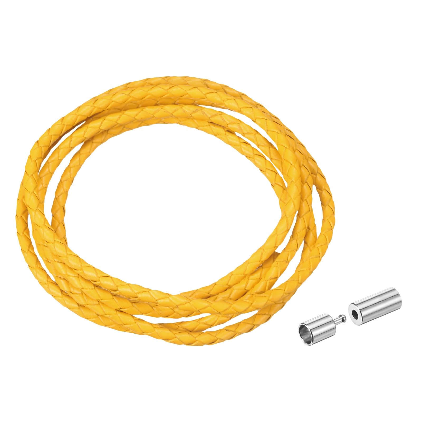 sourcing map Braided Genuine Leather Cord, 3mm 1.1 Yard Round Braiding String with Buttons, Leather Bolo Tie Cord for Crafting, Jewelry Making, Bracelets, Home Decoration, Yellow