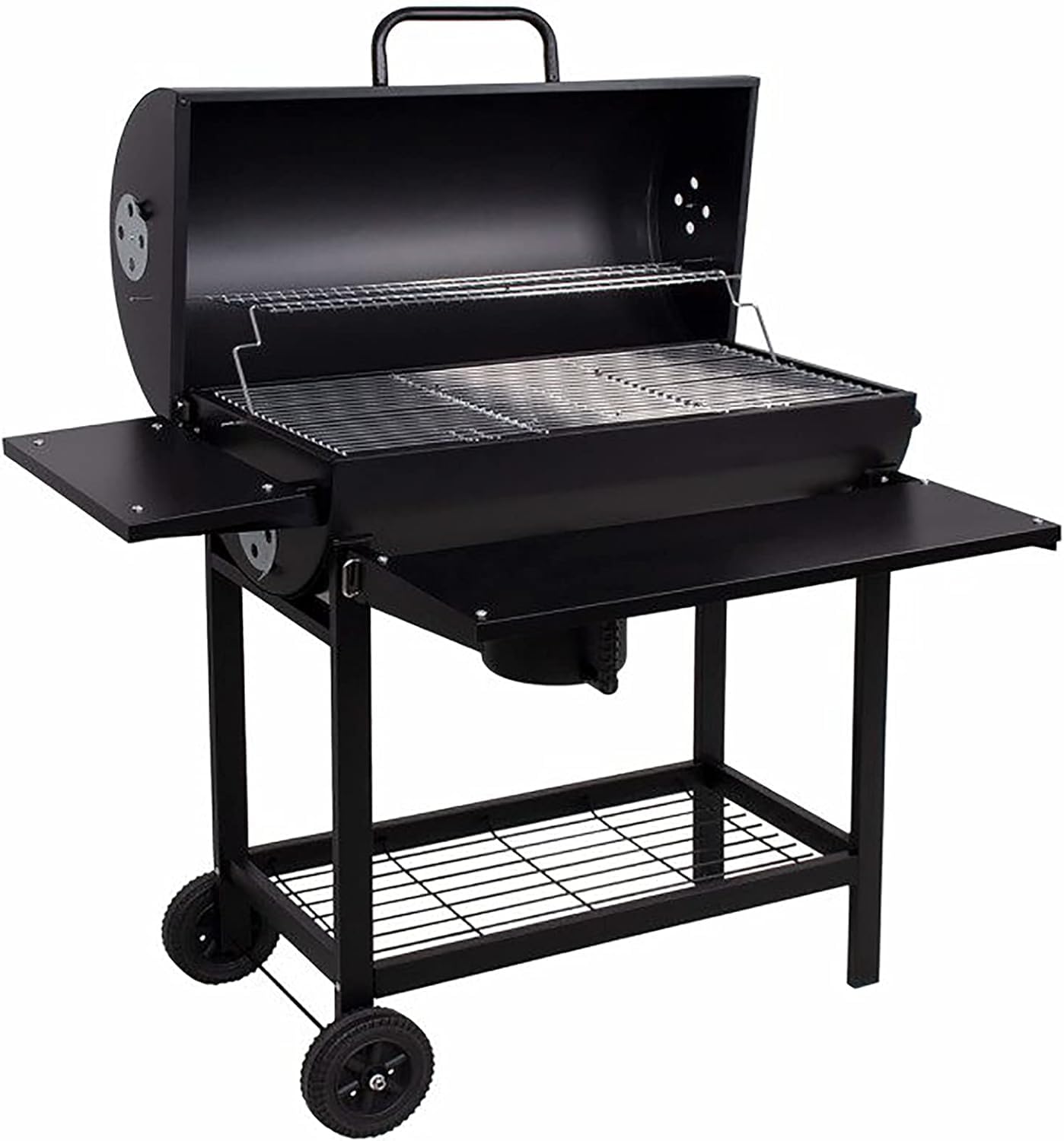Profi Smoker Grill Holzkohle Grillwagen XL 103x110x59 cm, schwarzer BBQ Standgrill aus Stahl mit Deckel, Grillrost, Warmhalterost, Aschebehälter, Ablagen, Luftregulierung & Rädern für Garten Party