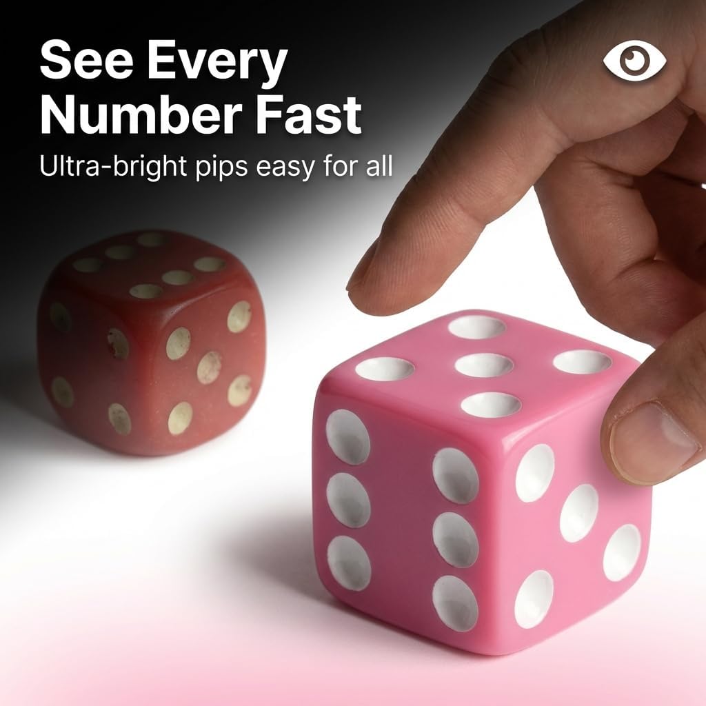 12 Square Pink Dice – 16mm Precision-Cut with Bold White Pips – Includes Organza Gift Bag – Perfect for Ladies Bunco Night & Party Games