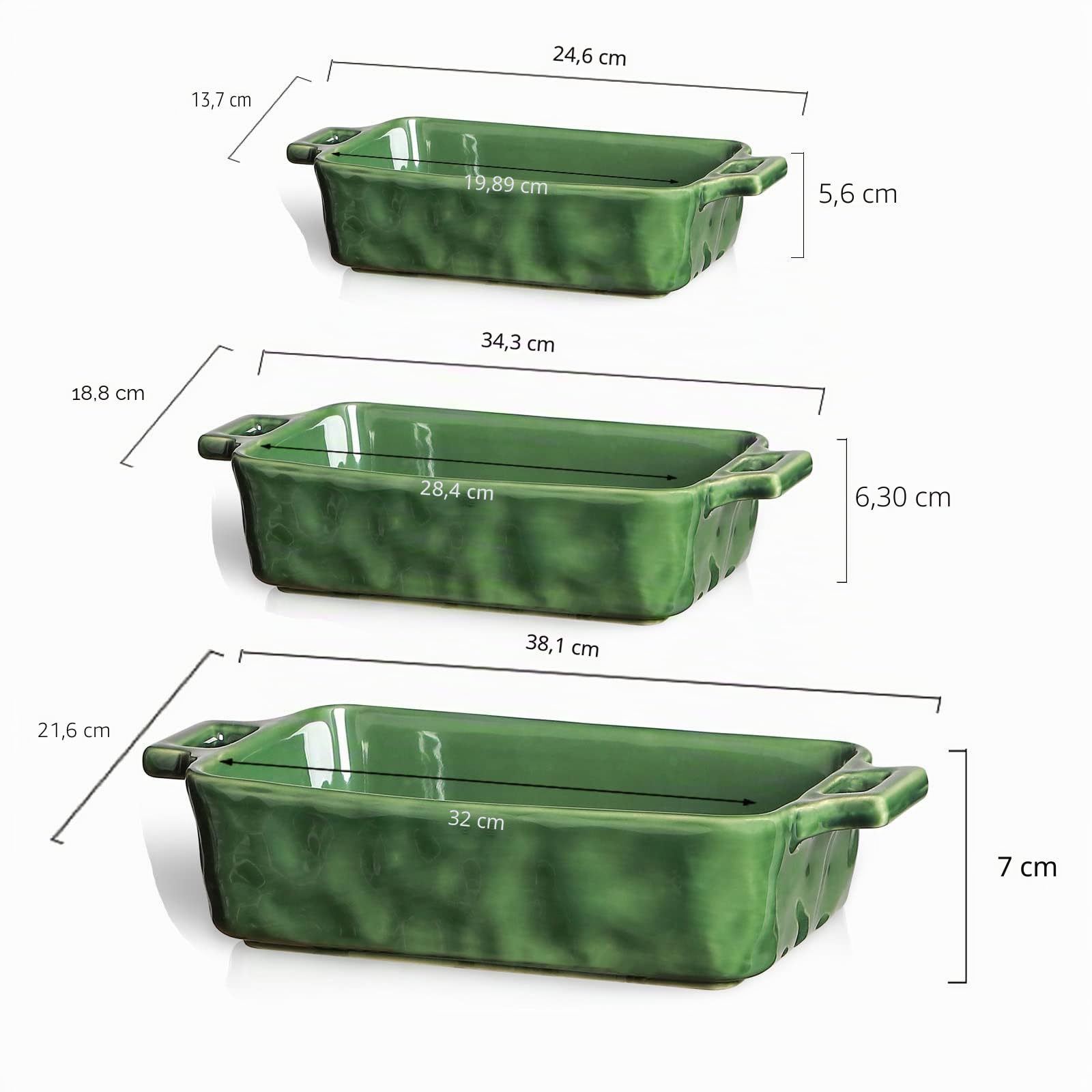 VICRAYS Keramik-Backformen-Set, Porzellan, rechteckige Backform, Backform, Lasagnepfannen, Auflaufform, Set zum Kochen, Küche, Kuchenessen, 3 Stück, 38.1x21.6 cm (grün)